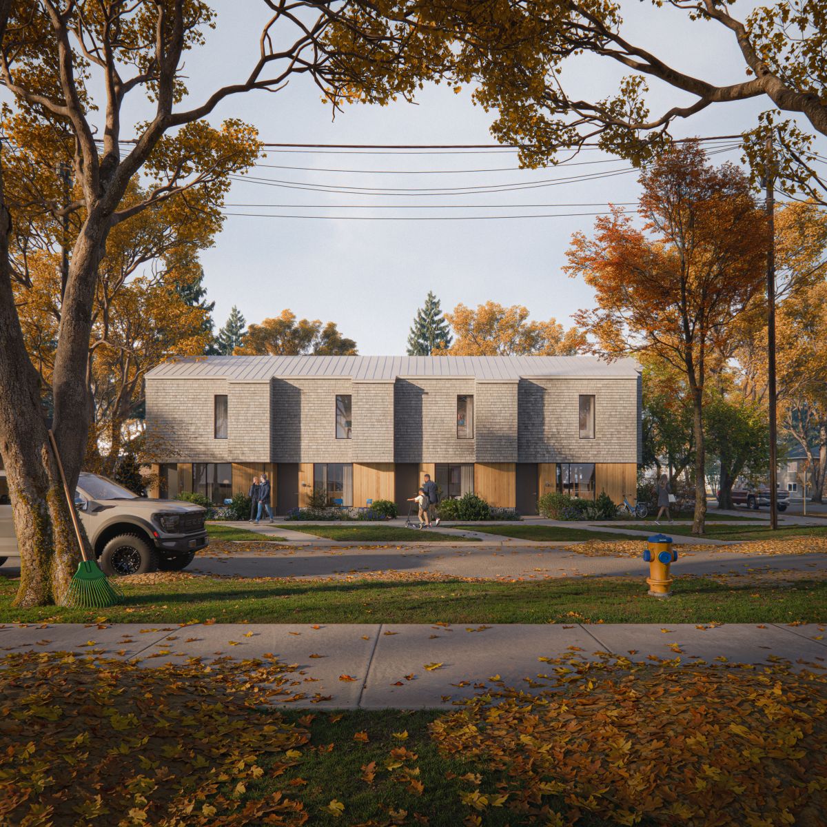 A  3D rendering of a  townhouse in a neighbourhood during autumn.
