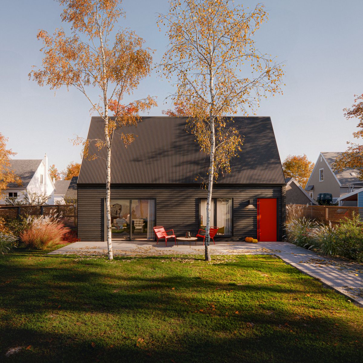 A 3D rendering of a backyard ADU with a striking black exterior and red accents in the Fall. There are large sliding doors open to a patio. 