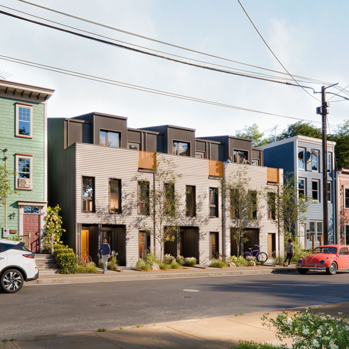 A 3D rendering of a  row of townhomes with sleek wood and metal cladding, blending into a  neighbourhood. 